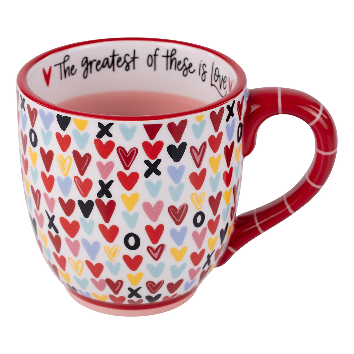 Mug with heart pattern and text on a white background