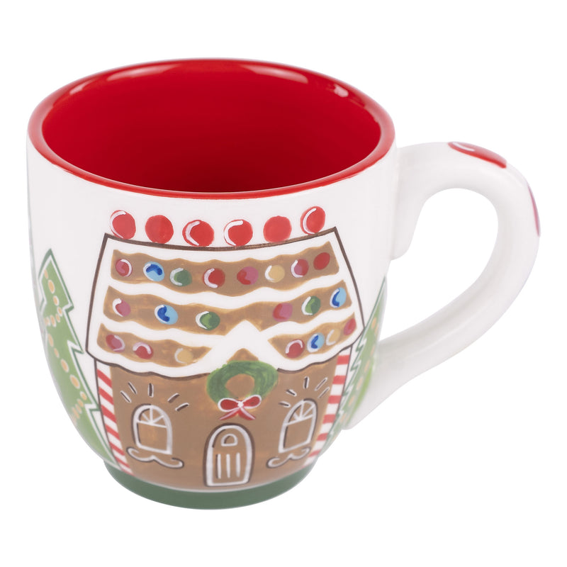 Mug with gingerbread house design on a white background