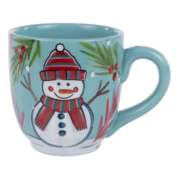 Ceramic mug with a snowman design on a light blue background