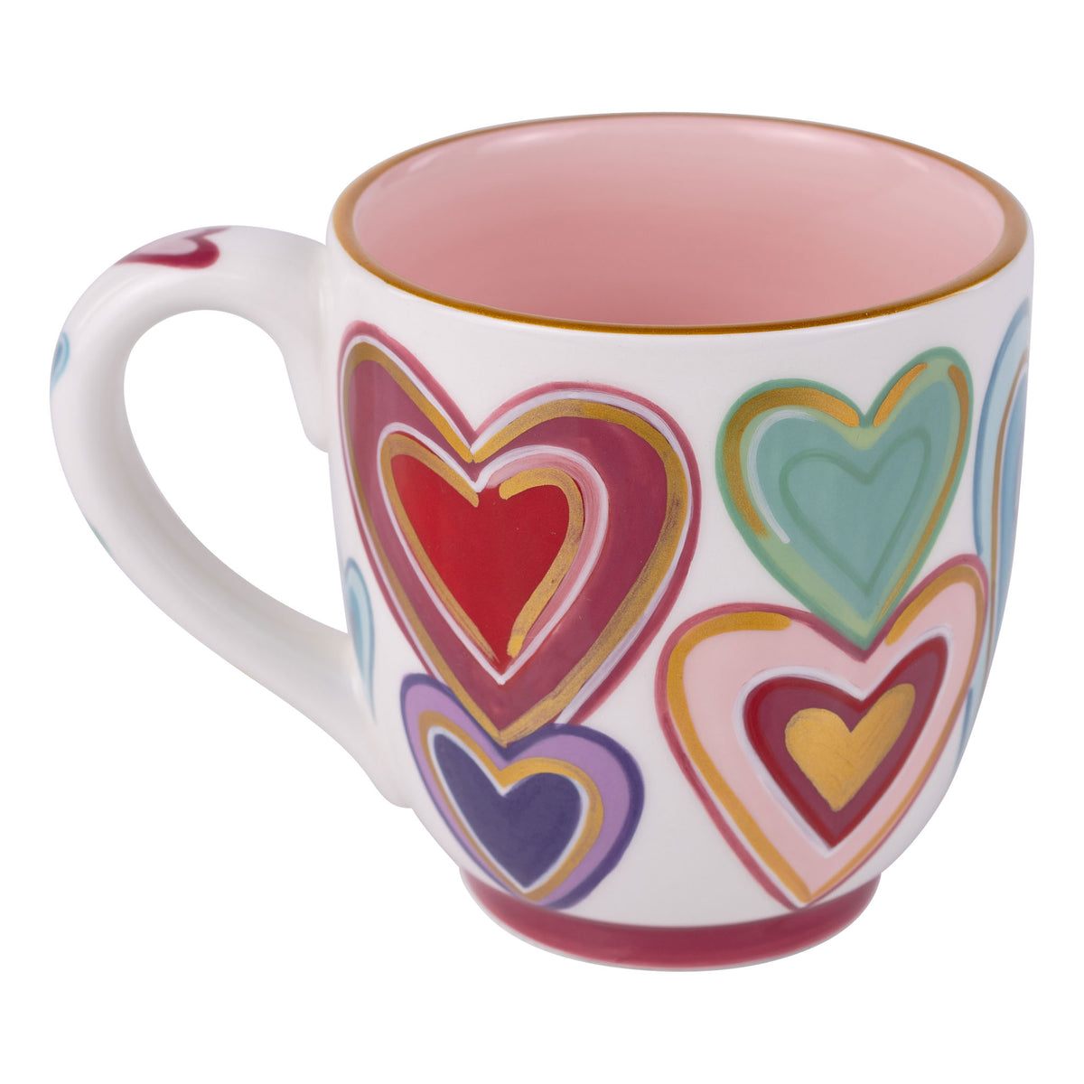 Mug with colorful heart patterns on a white background