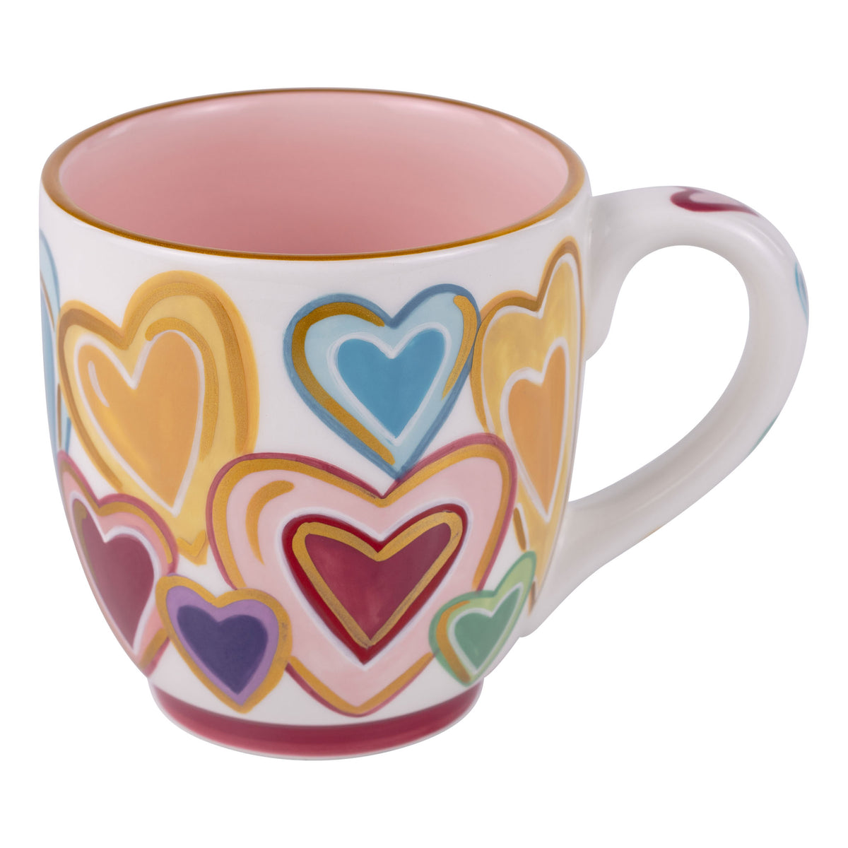 Mug with colorful heart patterns on a white background