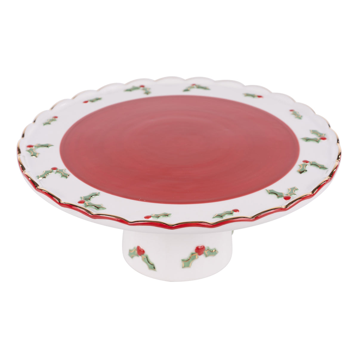 Decorative cake stand with red center and white border on a white background