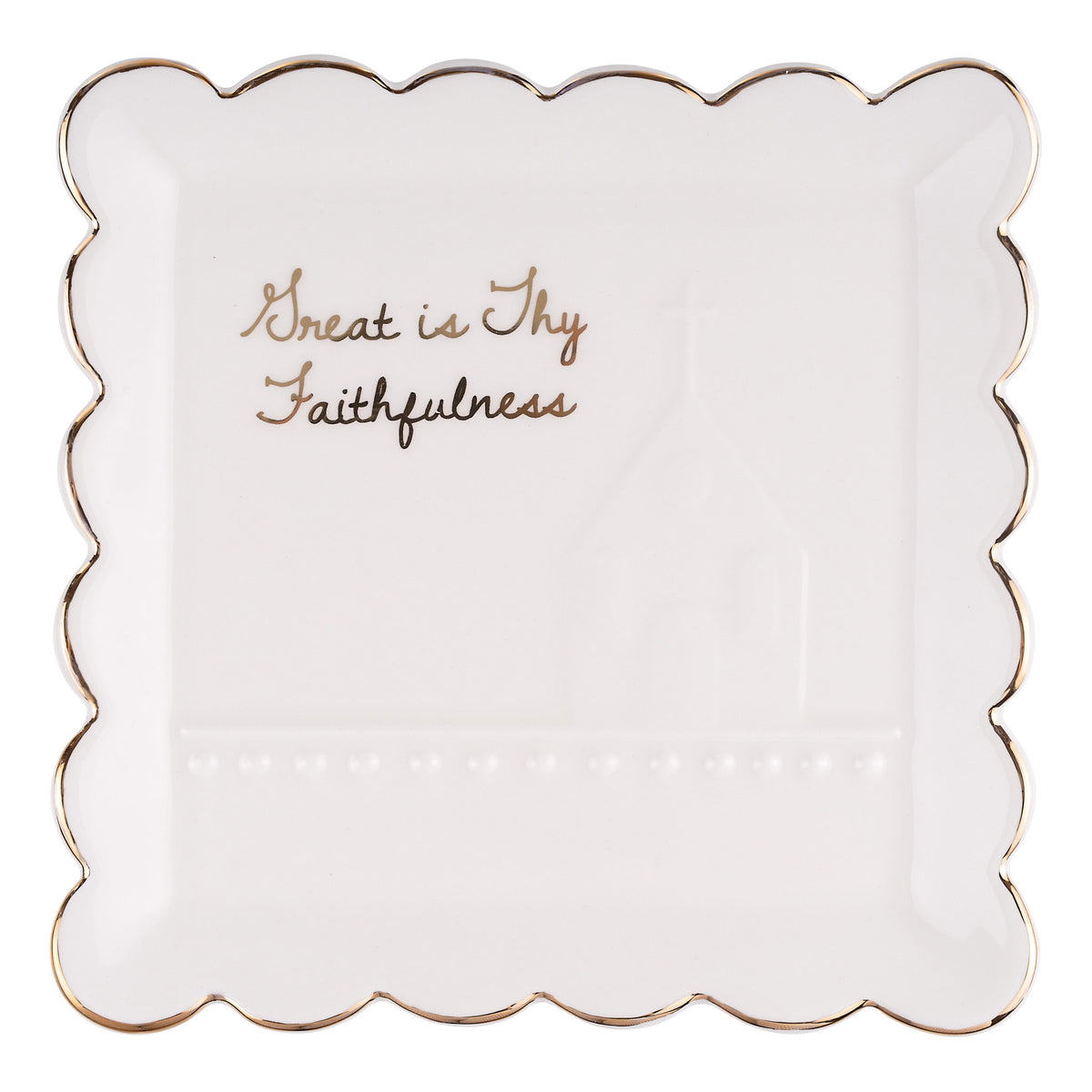A square white ceramic plate with scalloped edges and a thin gold rim, featuring the gold cursive text 'Great is Thy Faithfulness' in the center.