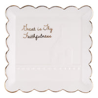 A square white ceramic plate with scalloped edges and a thin gold rim, featuring the gold cursive text 'Great is Thy Faithfulness' in the center.