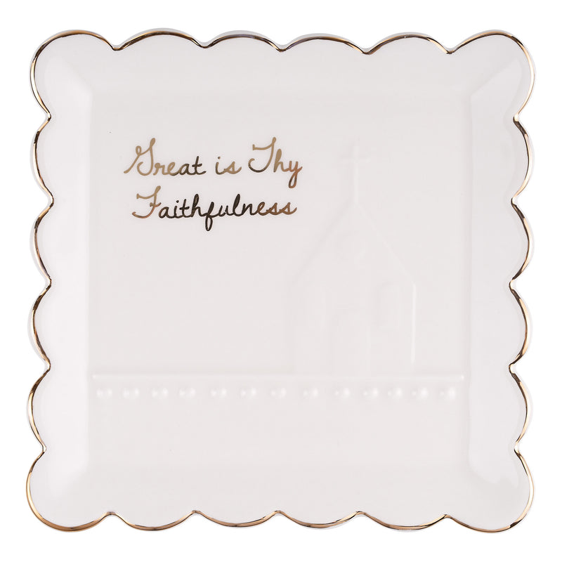 A square white ceramic plate with scalloped edges and a thin gold rim, featuring the gold cursive text 'Great is Thy Faithfulness' in the center.