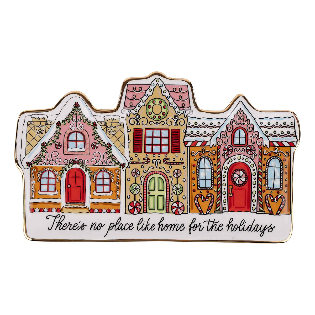 Decorative christmas house-shaped plate with colorful design on a white background