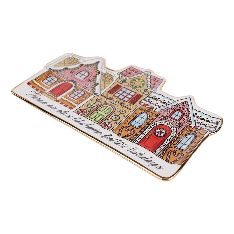 Decorative house-shaped plate with colorful design on a white background