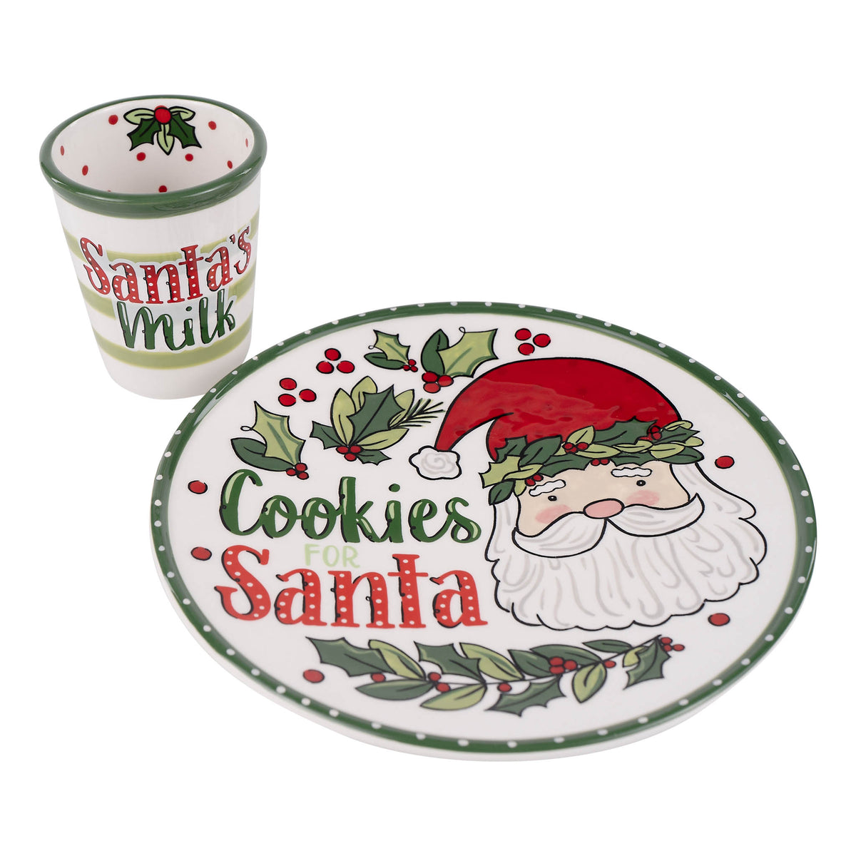 Christmas-themed plate with Santa design and 'Cookies for Santa' text, accompanied by a 'Santa's Milk' cup.