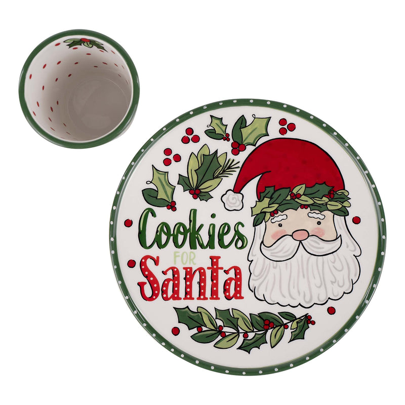 Ceramic plate with Santa Claus design and 'Cookies for Santa' text on a white background.