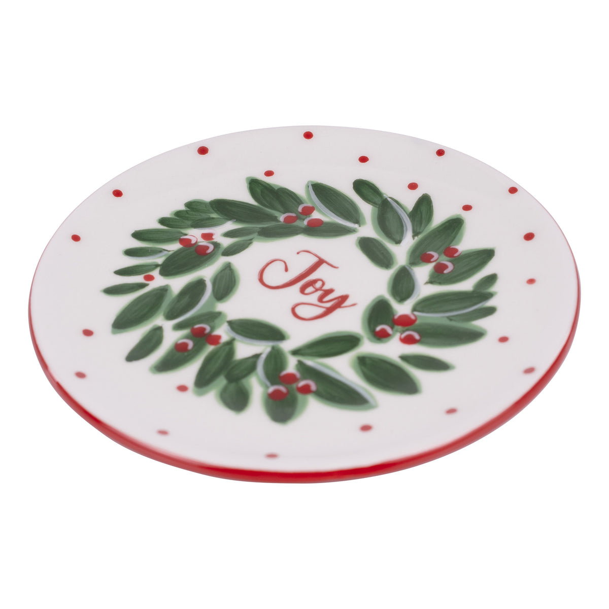 Round plate with a green wreath and 'Joy' text on a white background