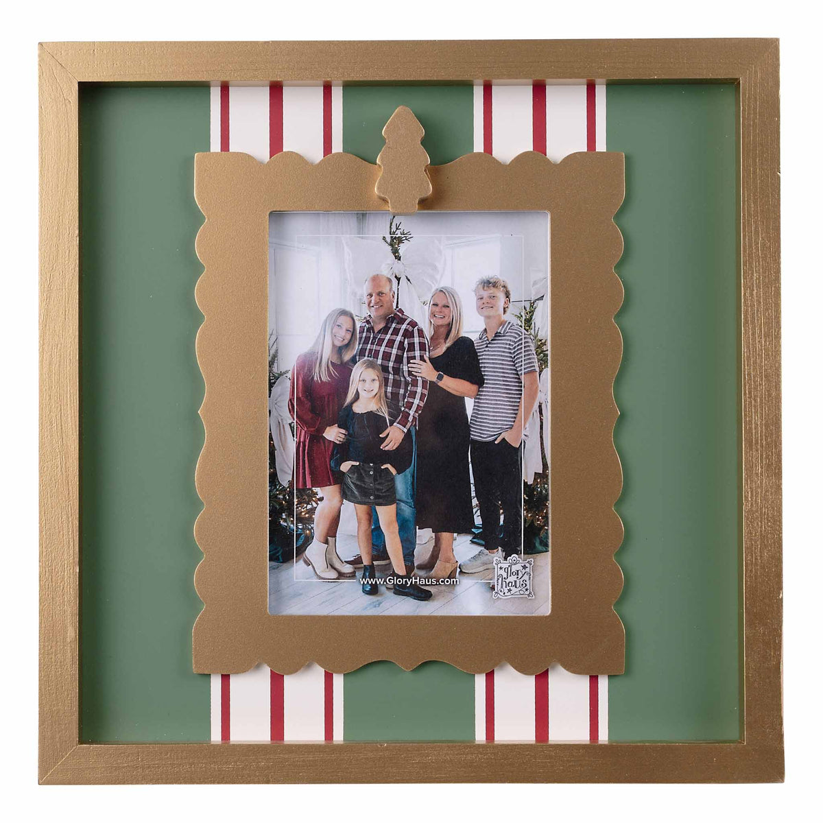 Decorative photo frame with a family photo inside, featuring a green background and red and white striped border.