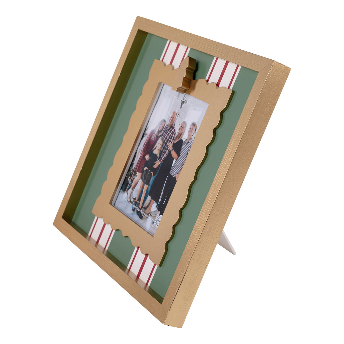 Decorative photo frame with a family photo inside, on a white background