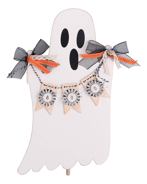 Decorative ghost with ribbons and banner on a white background