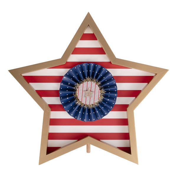 Star-shaped decorative item with American flag pattern and blue center