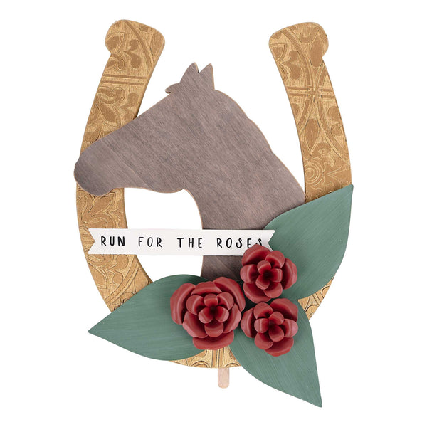 Decorative item with horse head, horseshoe, flowers, and 'Run for the Roses' text on a white background