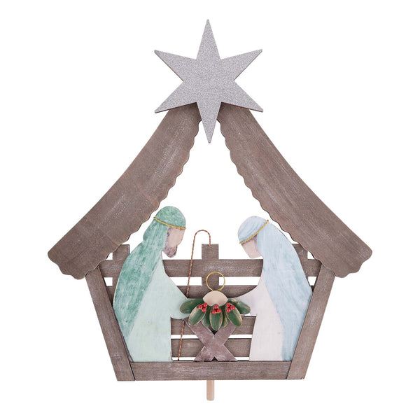 Decorative nativity scene with wooden stable, Mary, Joseph, and baby Jesus on a white background.