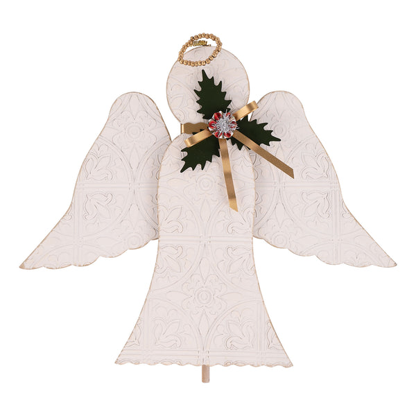 Decorative angel with a holly bow on a white background
