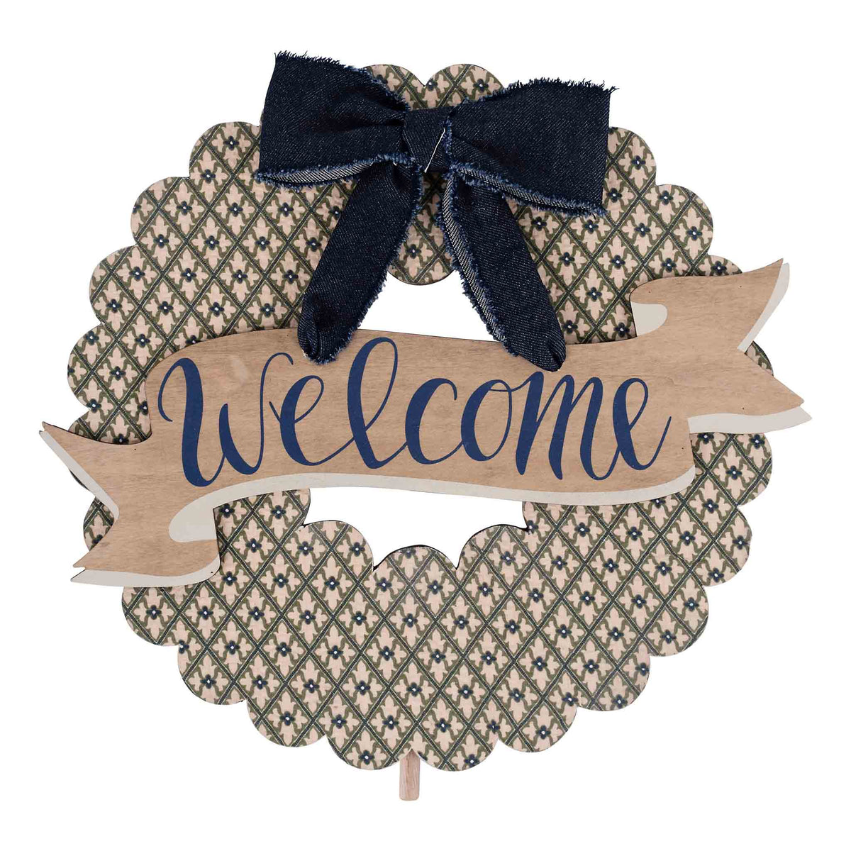 Decorative sign with 'Welcome' text and a bow on a white background