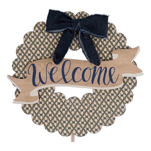 Decorative sign with 'Welcome' text and a bow on a white background