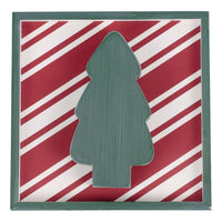 Green Christmas tree silhouette on a red and white striped background