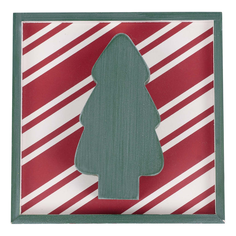 Green Christmas tree silhouette on a red and white striped background