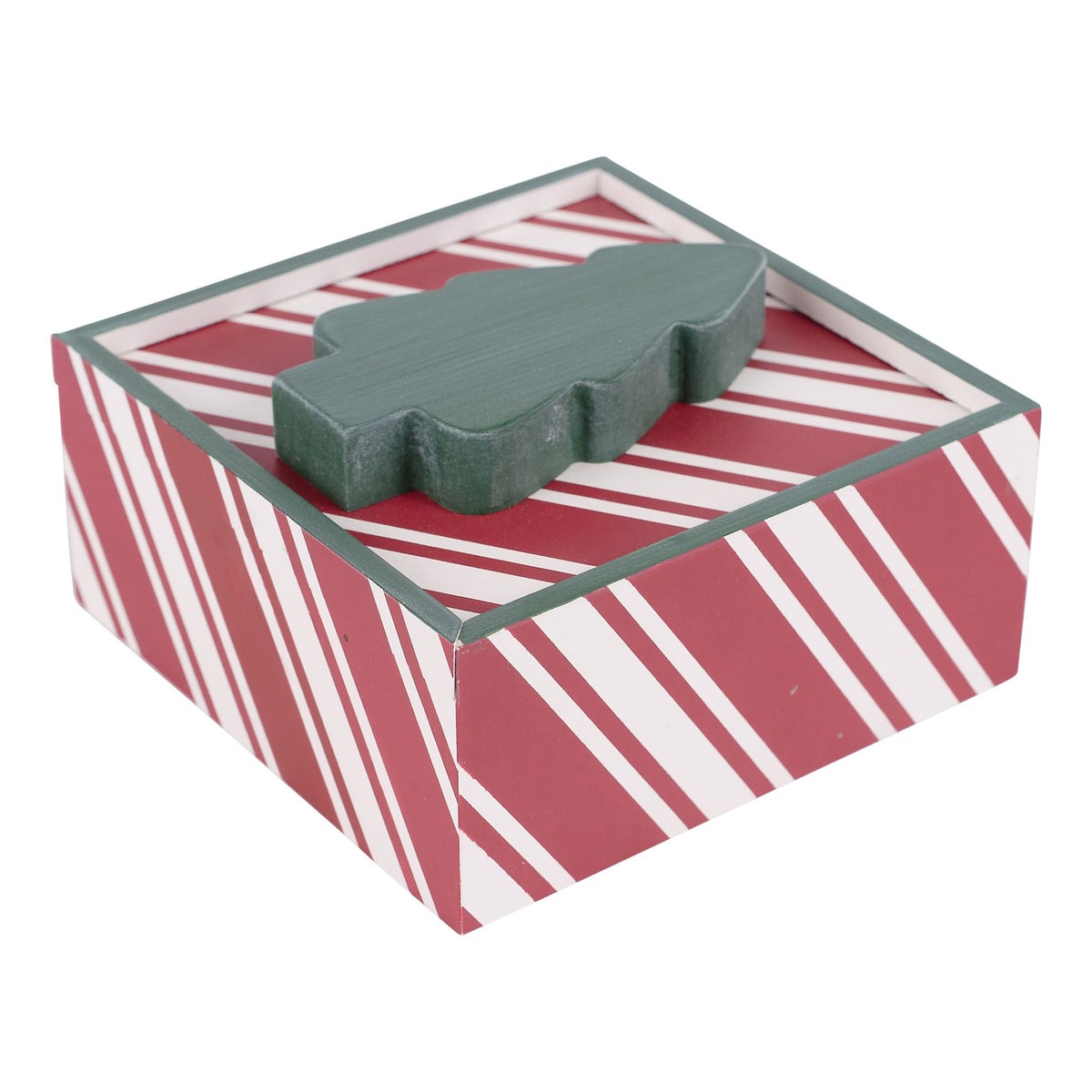 Red and white striped box with a green tree-shaped object on a white background