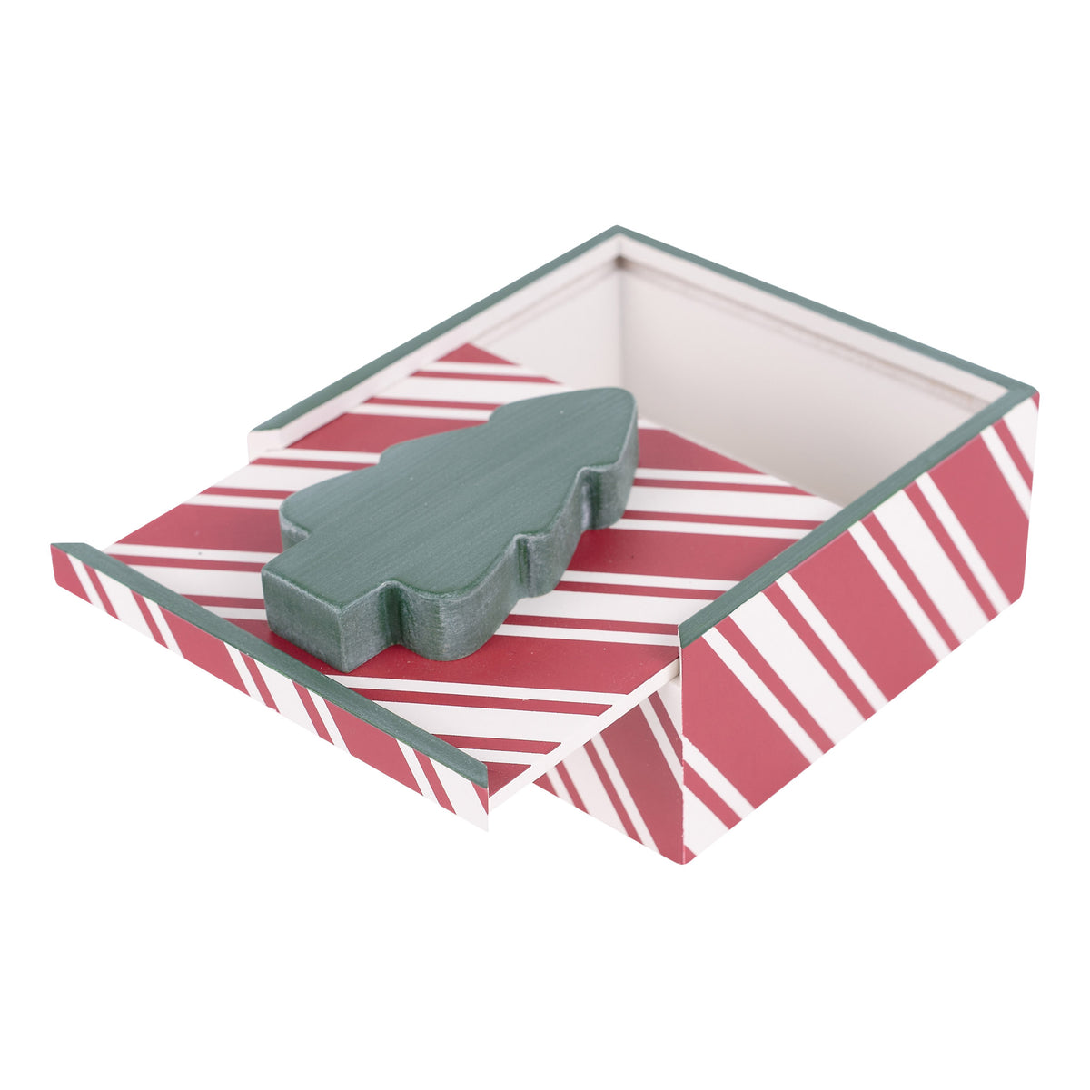 Red and white striped box with a green Christmas tree on a white background