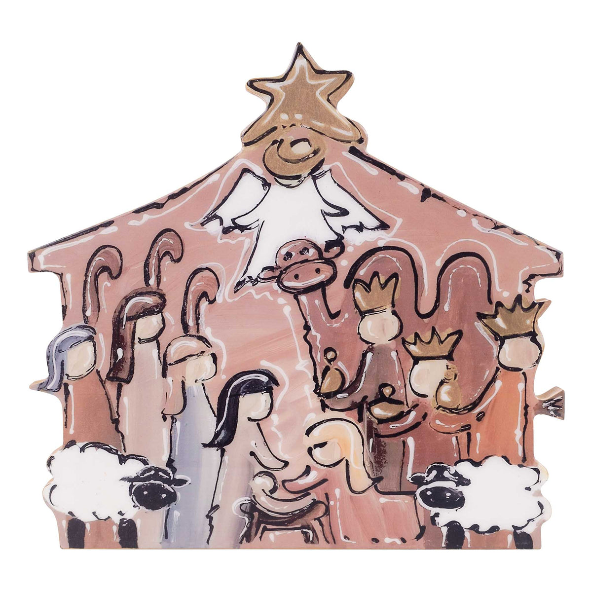 Decorative nativity scene with star on top, shepherds, angels, and animals on a white background