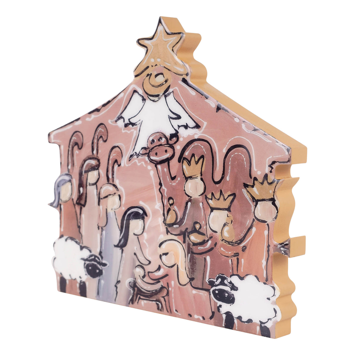 Decorative nativity scene with star on top, shepherds, angels, and animals on a white background