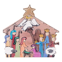 Colorful nativity scene with star on top against a white background