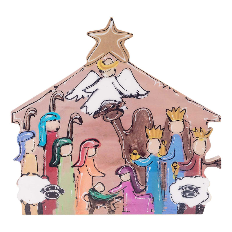 Colorful nativity scene with star on top against a white background