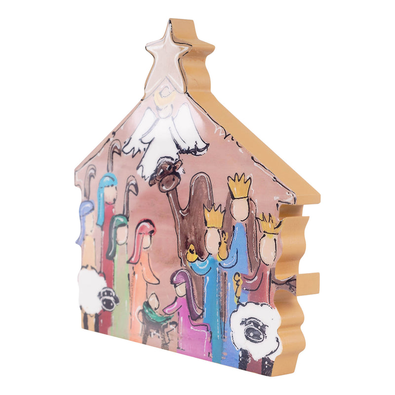 Colorful nativity scene with star on top against a white background