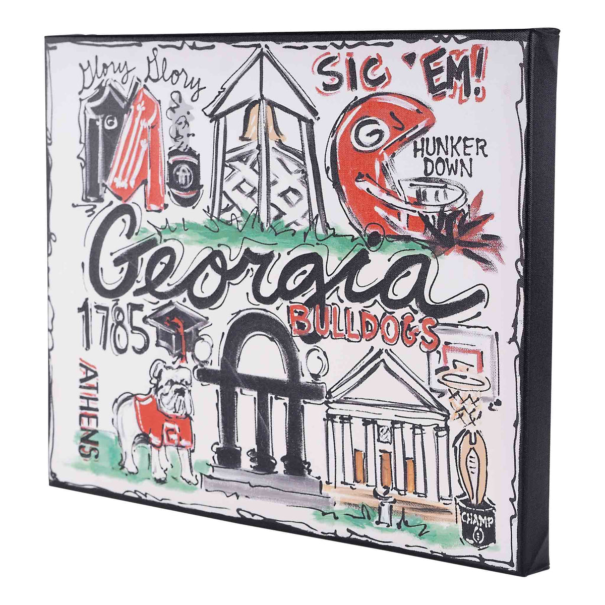 Decorative panel with Georgia Bulldogs-themed illustrations and text.