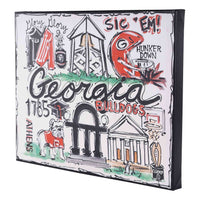 Decorative panel with Georgia Bulldogs-themed illustrations and text.