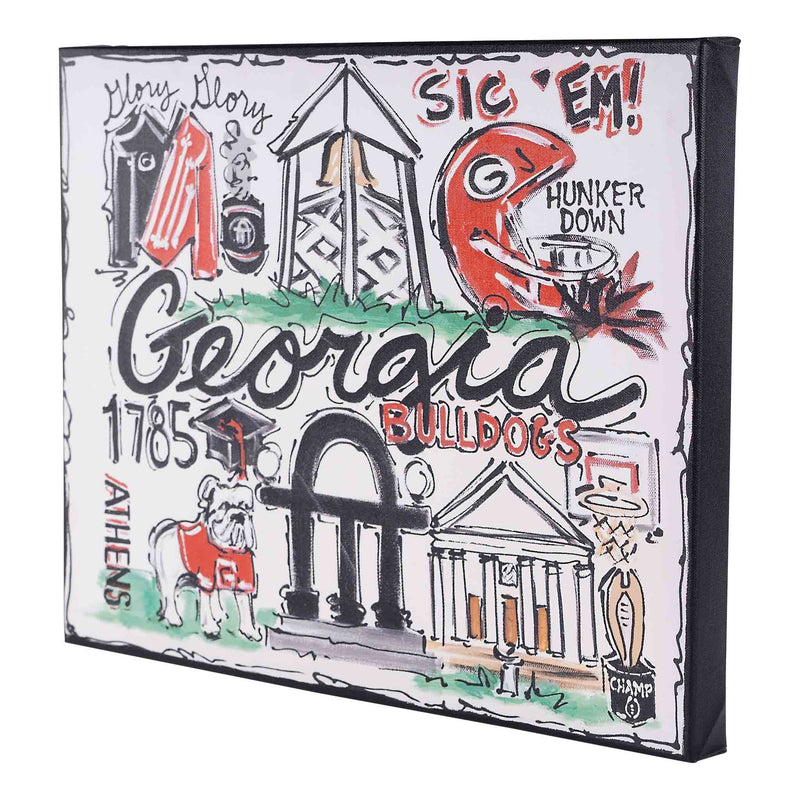 Decorative panel with Georgia Bulldogs-themed illustrations and text.