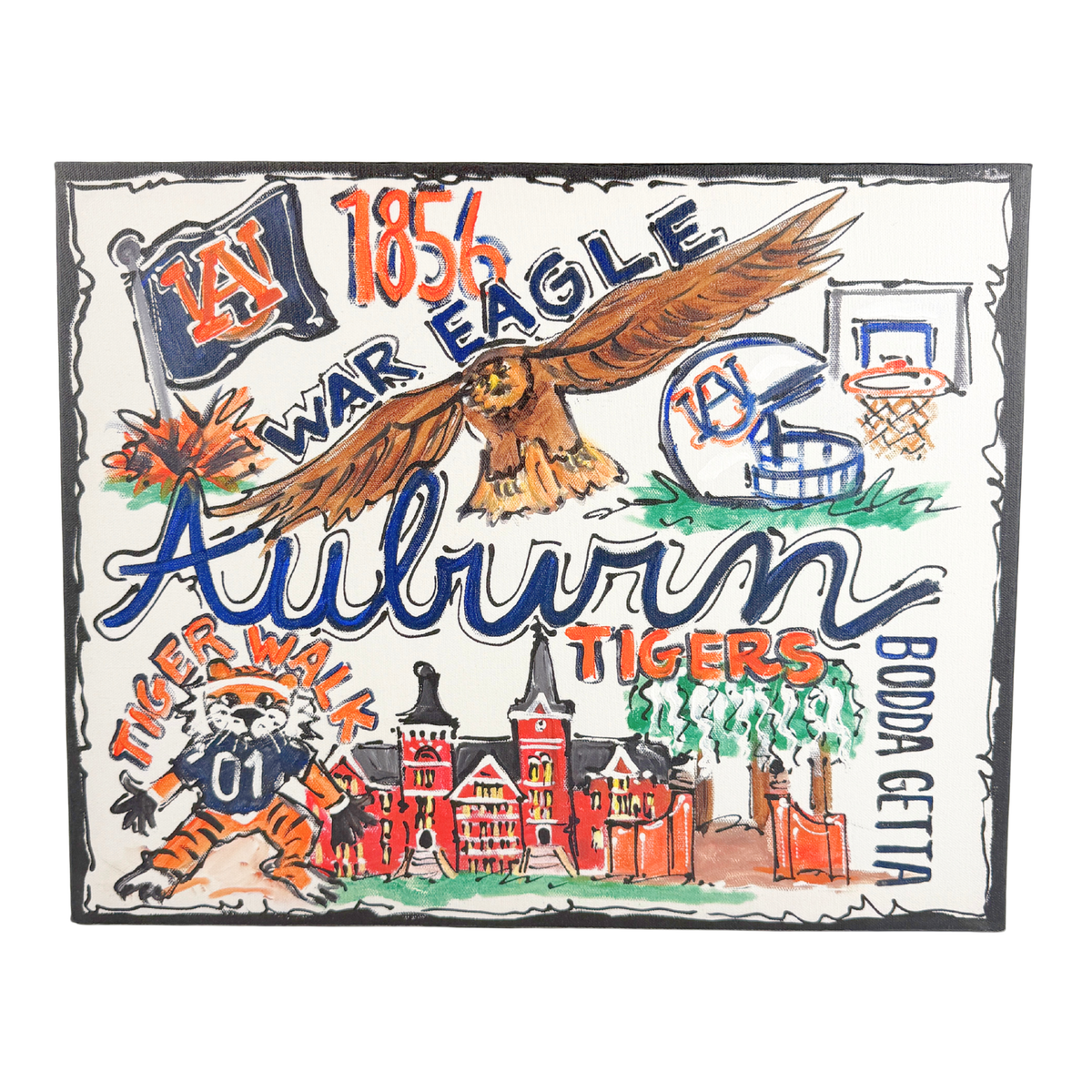 Decorative canvas with Auburn Tigers logo, eagle, and school buildings.