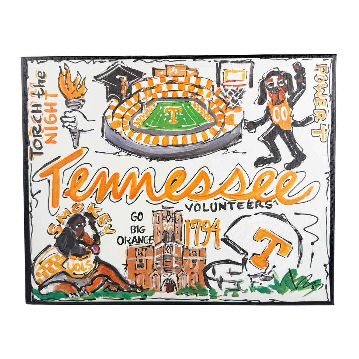 Decorative canvas with Tennessee Volunteers theme featuring a stadium, dogs, and text.