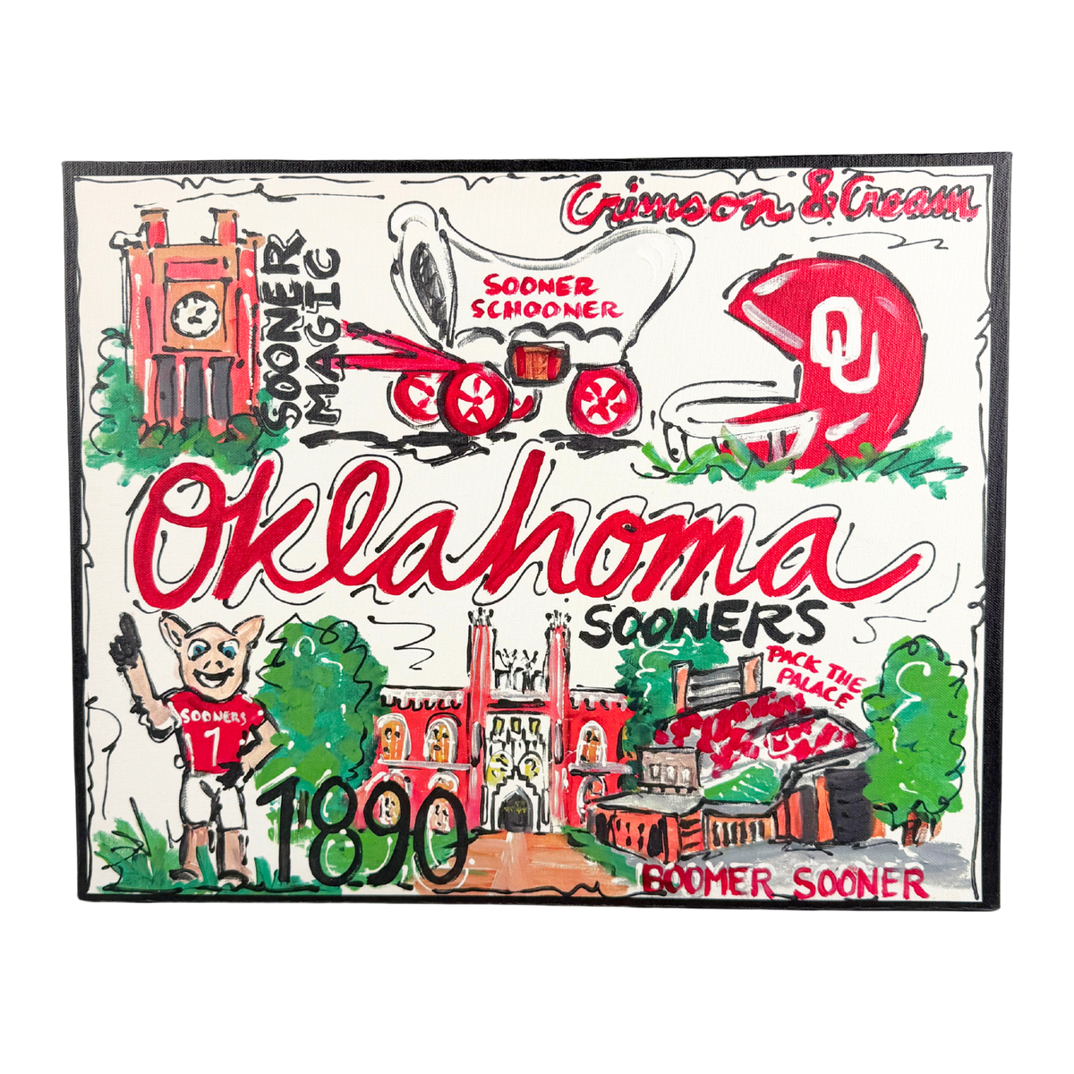 Illustrated poster with 'Oklahoma Sooners' text and various elements on a white background
