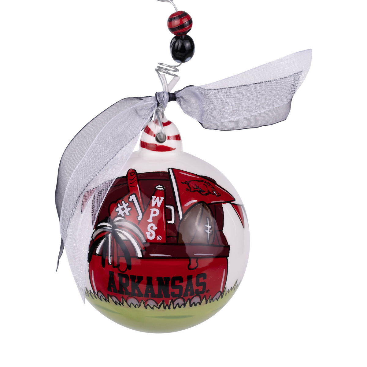 Decorative ornament with 'Arkansas' text and sports theme on a white background
