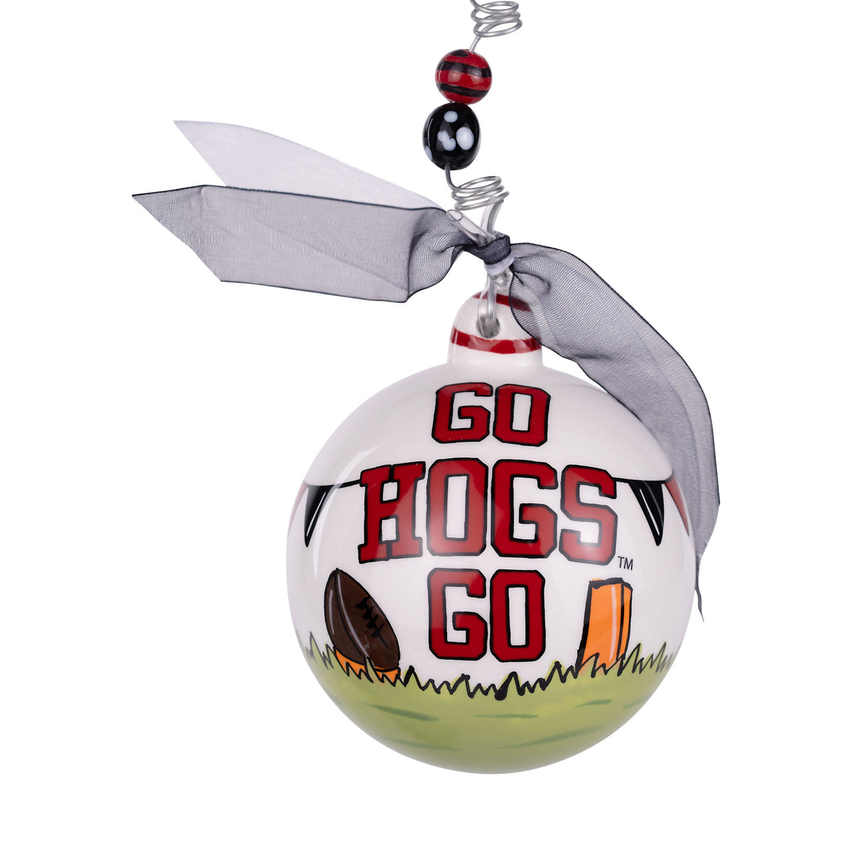 Decorative University of Arkansas ornament with 'GO HOGS GO' text and football graphics on a white background