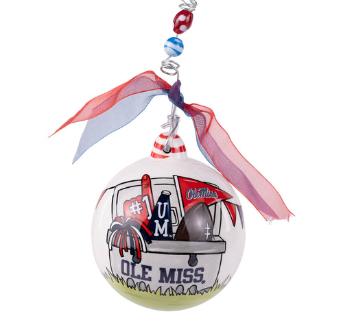 Decorative ornament with 'Ole Miss' theme featuring a truck and sports elements on a white background.