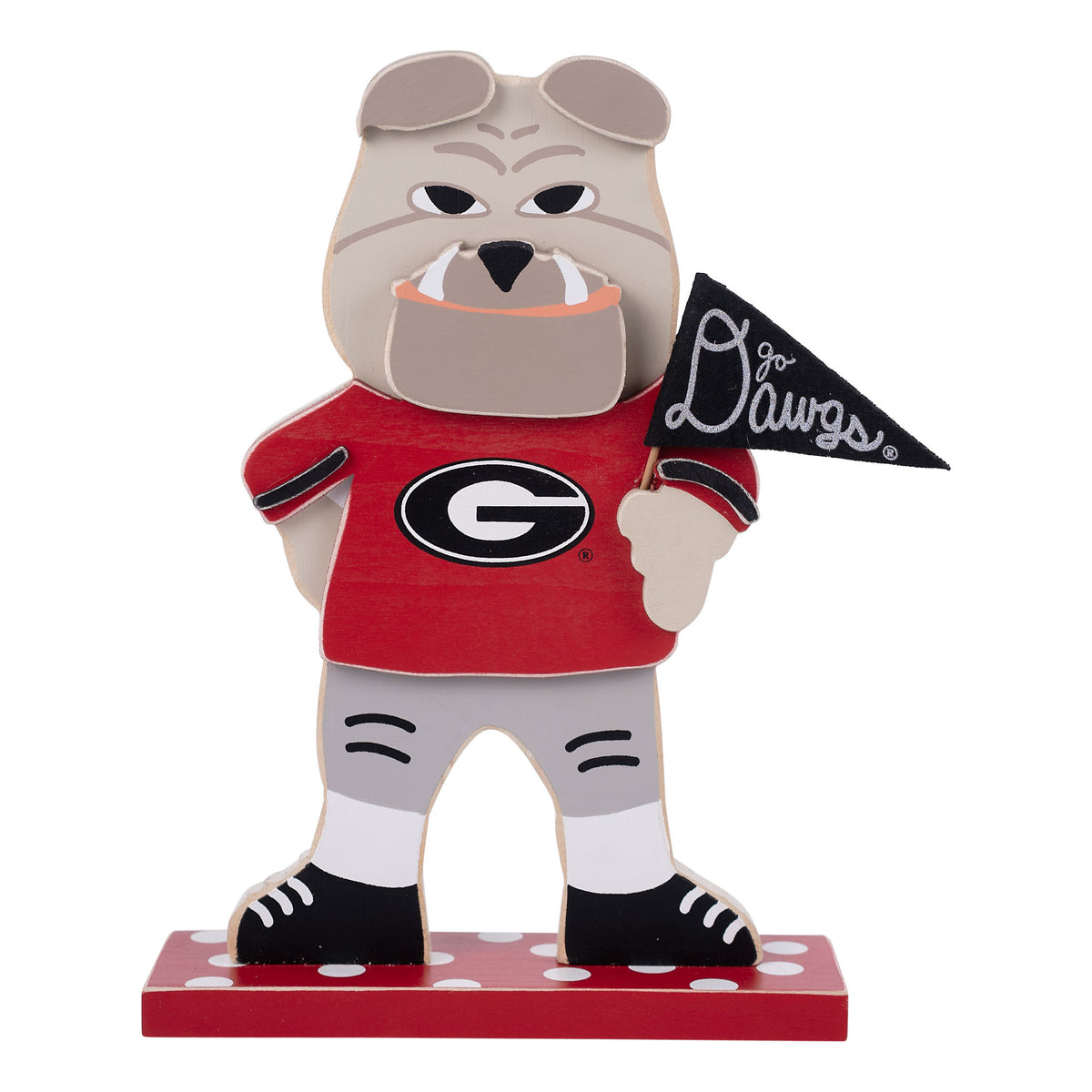 Georgia Bulldog mascot figurine holding a 'Go Dawgs' flag on a white background