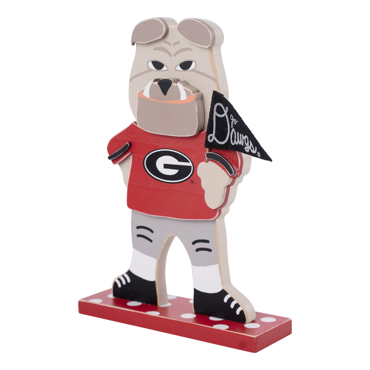 Georgia Bulldog mascot figurine holding a 'Go Dawgs' flag on a white 