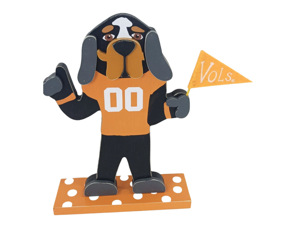 University of Tennessee tabletop décor featuring Smokey holding a Vols flag and wearing a Tennessee jersey.