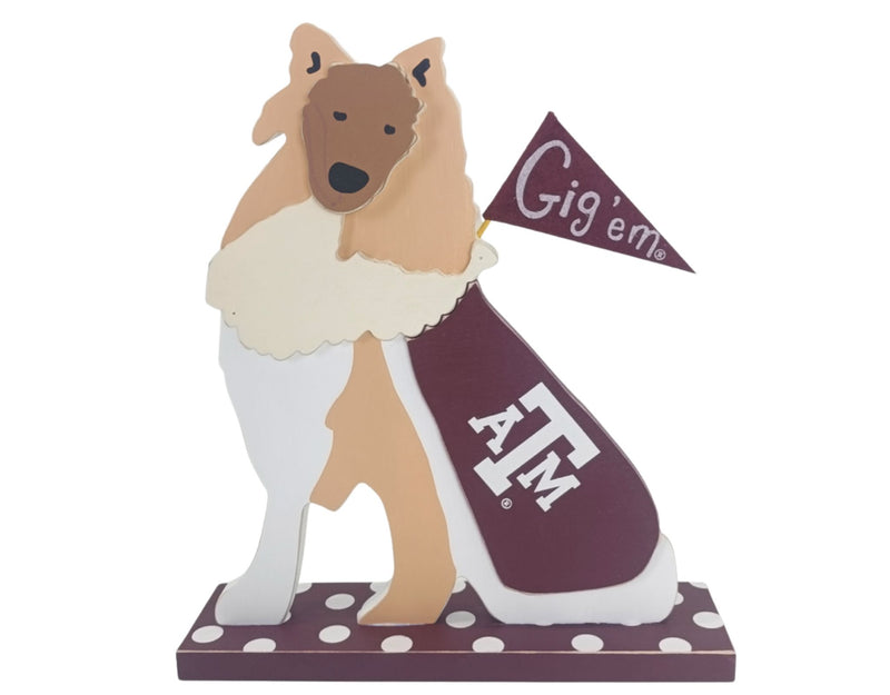 Texas A&M University tabletop décor featuring Reveille holding an Aggies flag and wearing a Texas A&M jersey.