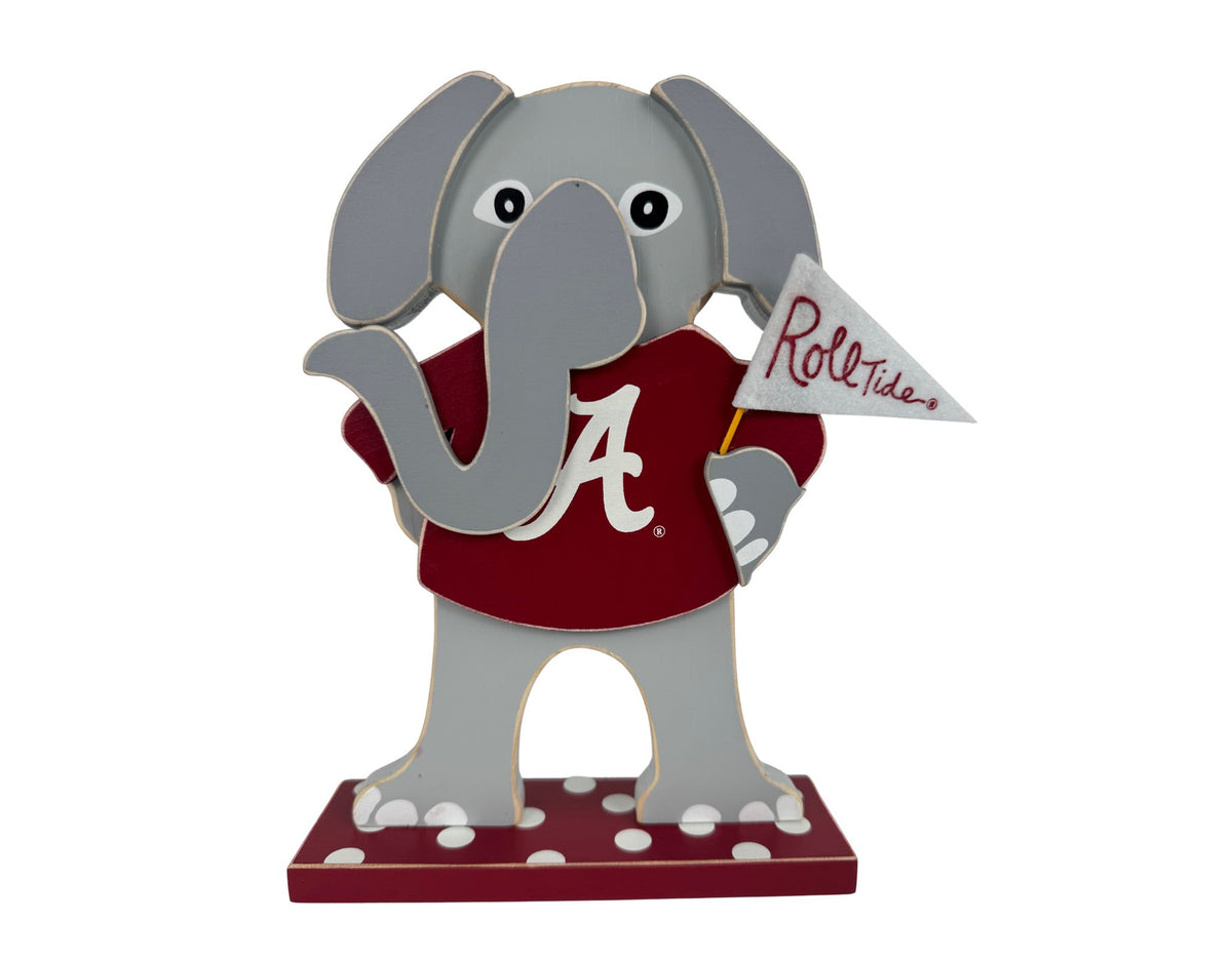 Decorative elephant figure wearing an Alabama shirt and holding a 'Roll Tide' flag on a white background