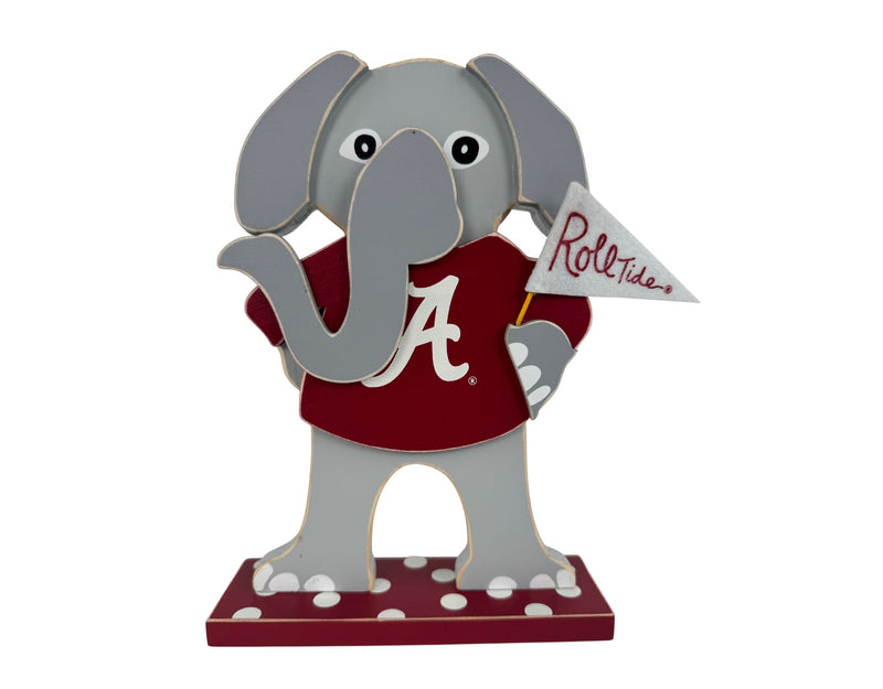 Decorative elephant figure wearing an Alabama shirt and holding a 'Roll Tide' flag on a white background
