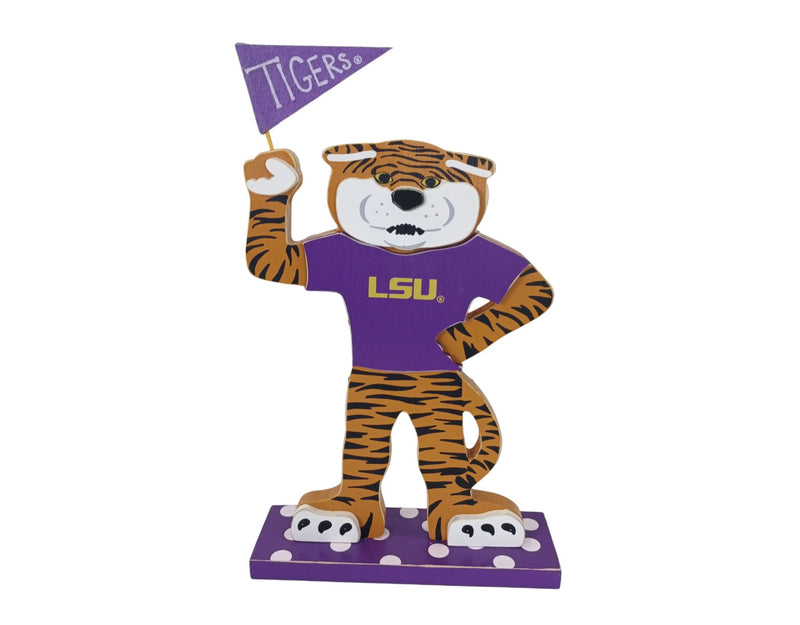 LSU tiger mascot figurine holding a flag on a white background