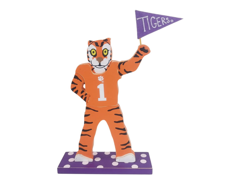 Clemson University tabletop décor featuring the Tiger mascot holding a Clemson flag and wearing a Clemson jersey.