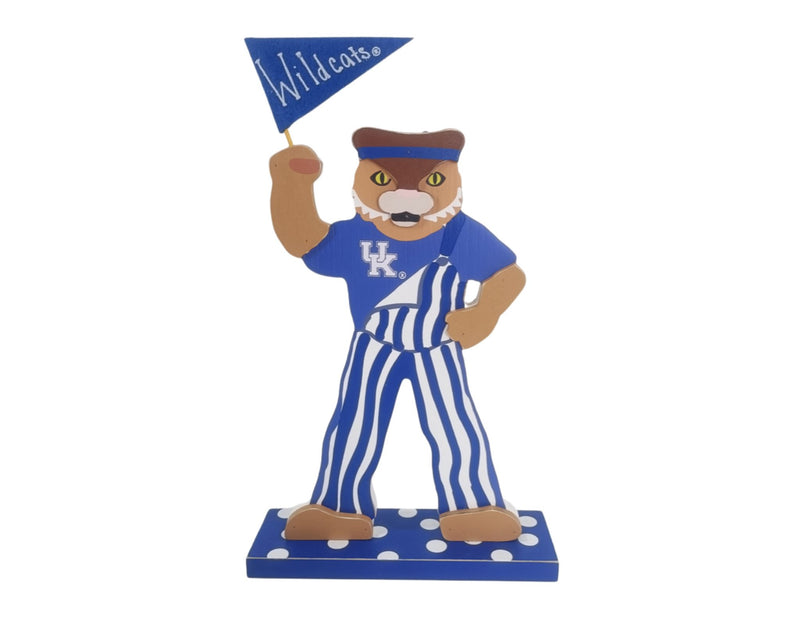 University of Kentucky tabletop décor featuring the Wildcats mascot holding a Wildcats flag and wearing a Kentucky jersey.